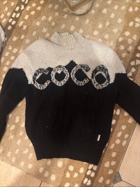 Black and Cream Cable-Knit Turtleneck Sweater